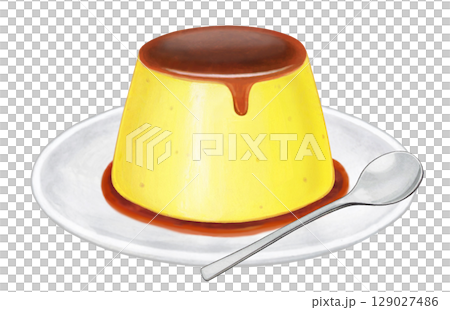 プリンのイラスト - 2　皿とスプーン付き 129027486