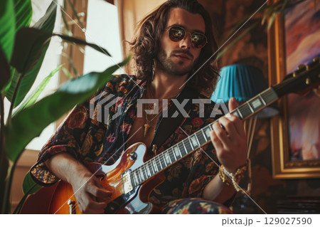 Young musician with long hair and wearing sunglasses is sitting in a vintage interior playing an electric guitar 129027590