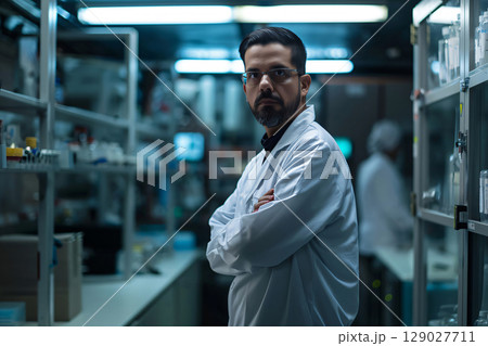 Experienced scientist is standing with arms crossed in a modern, high tech laboratory, showcasing expertise and professionalism Experienced scientist is standing with arms crossed in a modern, high tech laboratory, showcasing expertise and professionalism 129027711