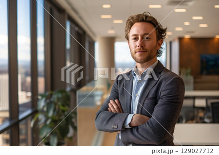 Young businessman is posing in a modern office building with his arms folded, conveying an aura of confidence and success 129027712