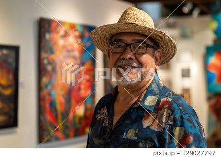 Portrait of a smiling mature artist wearing a hat and floral shirt standing in an art gallery 129027797