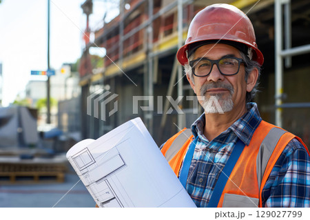 Experienced architect is holding blueprints and wearing a hard hat on a construction site 129027799