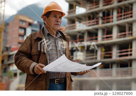 Experienced architect wearing a hard hat is holding blueprints while inspecting a construction site 129027800