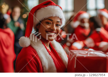Cheerful Santa Claus volunteer is holding a Christmas present and smiling during a charitable event 129027954