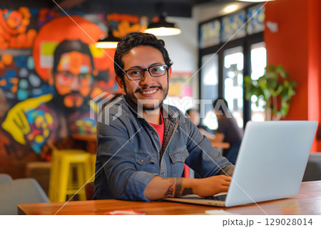 Young hispanic freelancer is smiling while working on his laptop in a busy coffee shop 129028014