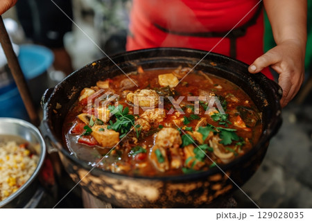 Steaming pot of Cuban creole ajiaco stew being held by a street vendor cooking outdoors 129028035