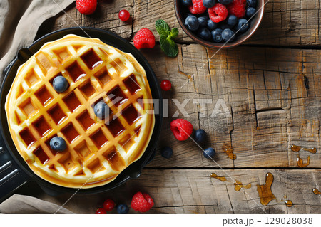 Waffle iron is cooking golden waffles topped by maple syrup and blueberries on a rustic wooden table with raspberries and blueberries around Waffle iron is cooking golden waffles topped by maple syrup and blueberries on a rustic wooden table with raspberries and blueberries around 129028038
