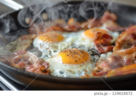Delicious crispy bacon and fried eggs cooking in a pan, steaming from the heat, making a tasty breakfast 129028072