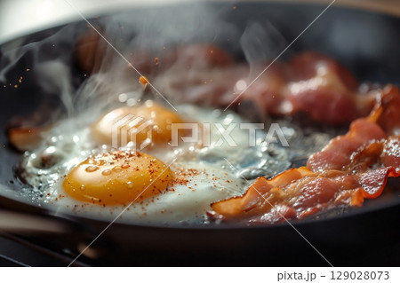 Hearty and savory breakfast of fried eggs and crispy bacon is cooking in a frying pan, with steam rising and oil splattering 129028073