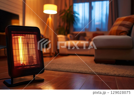 Electric heater warming a cozy living room in the evening, creating a comfortable atmosphere 129028075