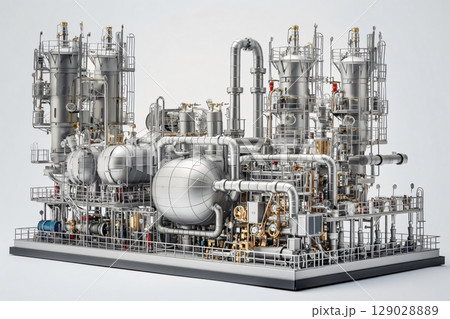Complex network of pipes and distillation towers comprising a petrochemical plant processing fossil fuels 129028889