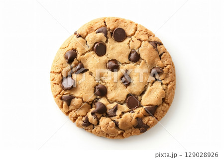 Tempting chocolate chip cookie on white background, freshly baked with gooey chips, perfect for indulging in a sweet treat 129028926