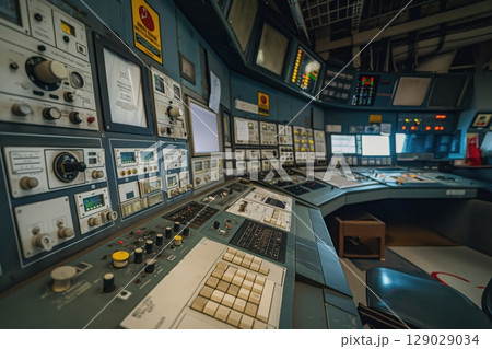 Control room of a nuclear power plant showing analog technology with many buttons, dials and screens 129029034