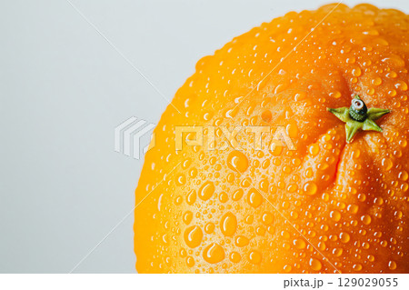 Fresh orange is covered with small water droplets, showcasing its juicy and refreshing qualities 129029055