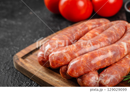 A close-up view of uncooked pork sausages stacked on a wooden cutting board with ripe red tomatoes in the background A close-up view of uncooked pork sausages stacked on a wooden cutting board with ripe red tomatoes in the background 129029099