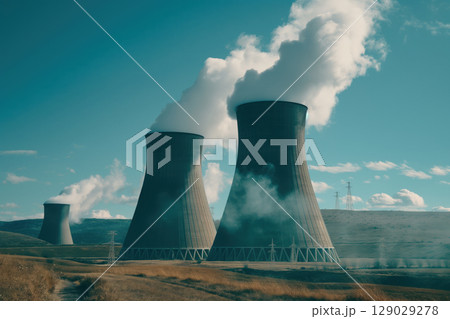 Nuclear power plant releasing steam from its large cooling towers on a sunny day 129029278
