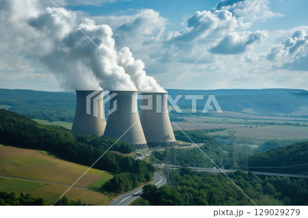 Nuclear power plant releasing steam from its cooling towers, surrounded by a green landscape under a blue sky with clouds 129029279