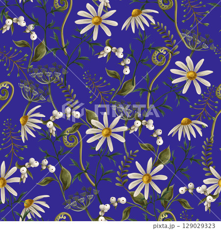 Seamless pattern with chamomile, fern and other wild flowers. Vector. 129029323