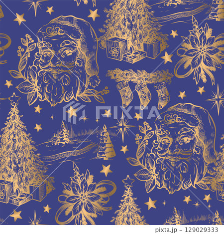 Seamless pattern with Santa, fir trees and other Christmas elements in toile style. Vector. 129029333