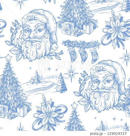 Seamless pattern with Santa, fir trees and other Christmas elements in toile style. Vector. Seamless pattern with Santa, fir trees and other Christmas elements in toile style. Vector. 129029337