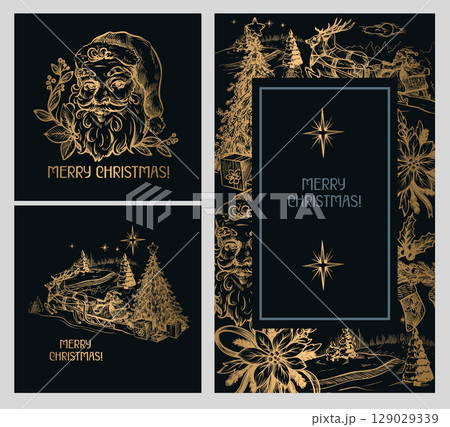 Cards with Santa and other Christmas elements in toile style isolated. Vector. Cards with Santa and other Christmas elements in toile style isolated. Vector. 129029339
