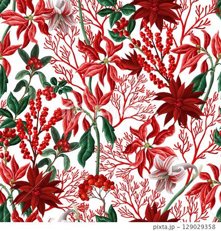 Vector seamless Christmas pattern with bells candy flowers leaves background. Vector seamless Christmas pattern with bells candy flowers leaves background. 129029358