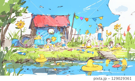 小学生の夏の思い出：川辺に遊びに行く（クレヨン＋水彩画風）