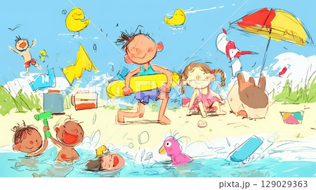 小学生の夏の思い出：海水浴（クレヨン＋水彩画風）