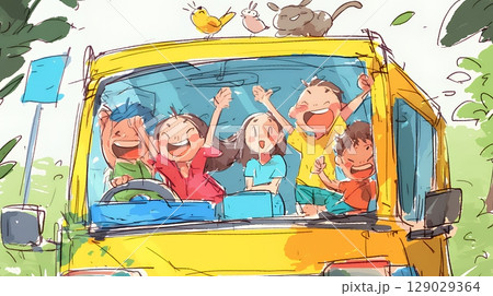 小学生の夏の思い出：ドライブ（クレヨン＋水彩画風）