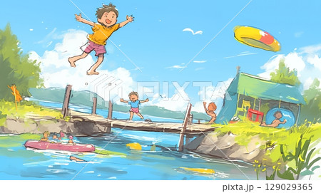 小学生の夏の思い出：水辺で遊んだ（クレヨン＋水彩画風）