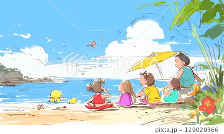 小学生の夏の思い出：海水浴（クレヨン＋水彩画風）