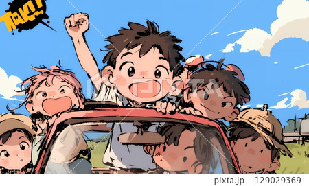 小学生の夏の思い出：ドライブ（クレヨン＋水彩画風）