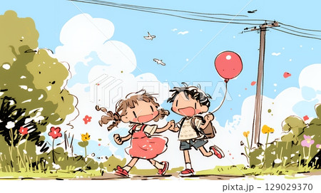 小学生の夏の思い出：初デート（クレヨン＋水彩画風）