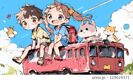 小学生の夏の思い出：電車に乗って家族旅行（クレヨン＋水彩画風）