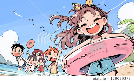 小学生の夏の思い出：海水浴（クレヨン＋水彩画風）