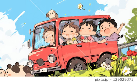 小学生の夏の思い出：ドライブ（クレヨン＋水彩画風）