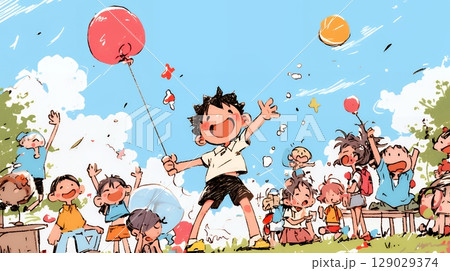 小学生の夏の思い出：ピクニック（クレヨン＋水彩画風）