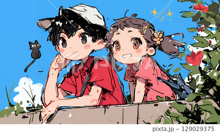 小学生の夏の思い出：初デート（クレヨン＋水彩画風）
