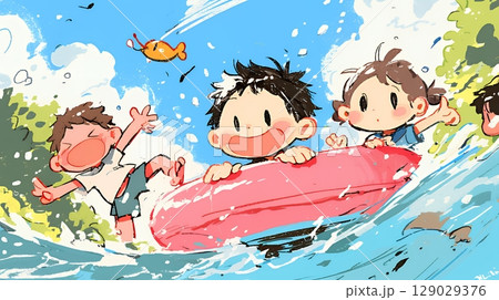 小学生の夏の思い出：川辺に遊びに行く（クレヨン＋水彩画風）