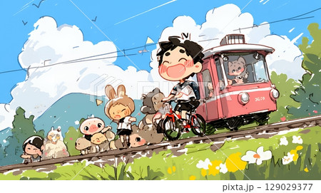 小学生の夏の思い出：トロッコ電車と事前の動物たち（クレヨン＋水彩画風）