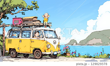 小学生の夏の思い出：ドライブ（クレヨン＋水彩画風）