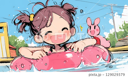 小学生の夏の思い出：プールに遊びに行く（クレヨン＋水彩画風）