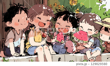 小学生の夏の思い出：みんなでスイカを食べる（クレヨン＋水彩画風）