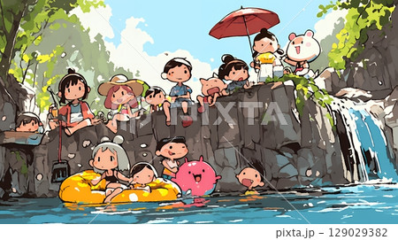 小学生の夏の思い出：川辺に遊びに行く（クレヨン＋水彩画風）