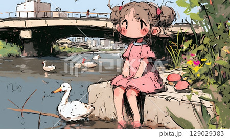 小学生の夏の思い出：川辺に遊びに行く（クレヨン＋水彩画風）