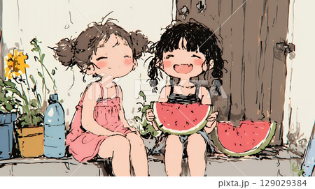 小学生の夏の思い出：仲の良い友だちとスイカ割り（クレヨン＋水彩画風）