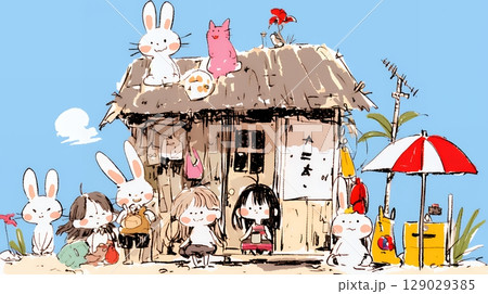 小学生の夏の思い出：田舎で可愛いウサギたちと遊ぶ（クレヨン＋水彩画風）