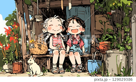 小学生の夏の思い出：友達と縁側でいつまでもおしゃべり（クレヨン＋水彩画風）