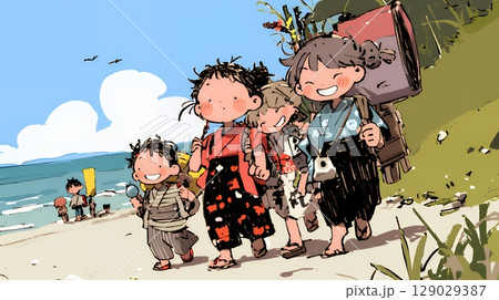 小学生の夏の思い出：昔風の出で立ちでコスプレ（クレヨン＋水彩画風）