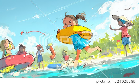 小学生の夏の思い出：海水浴（クレヨン＋水彩画風）